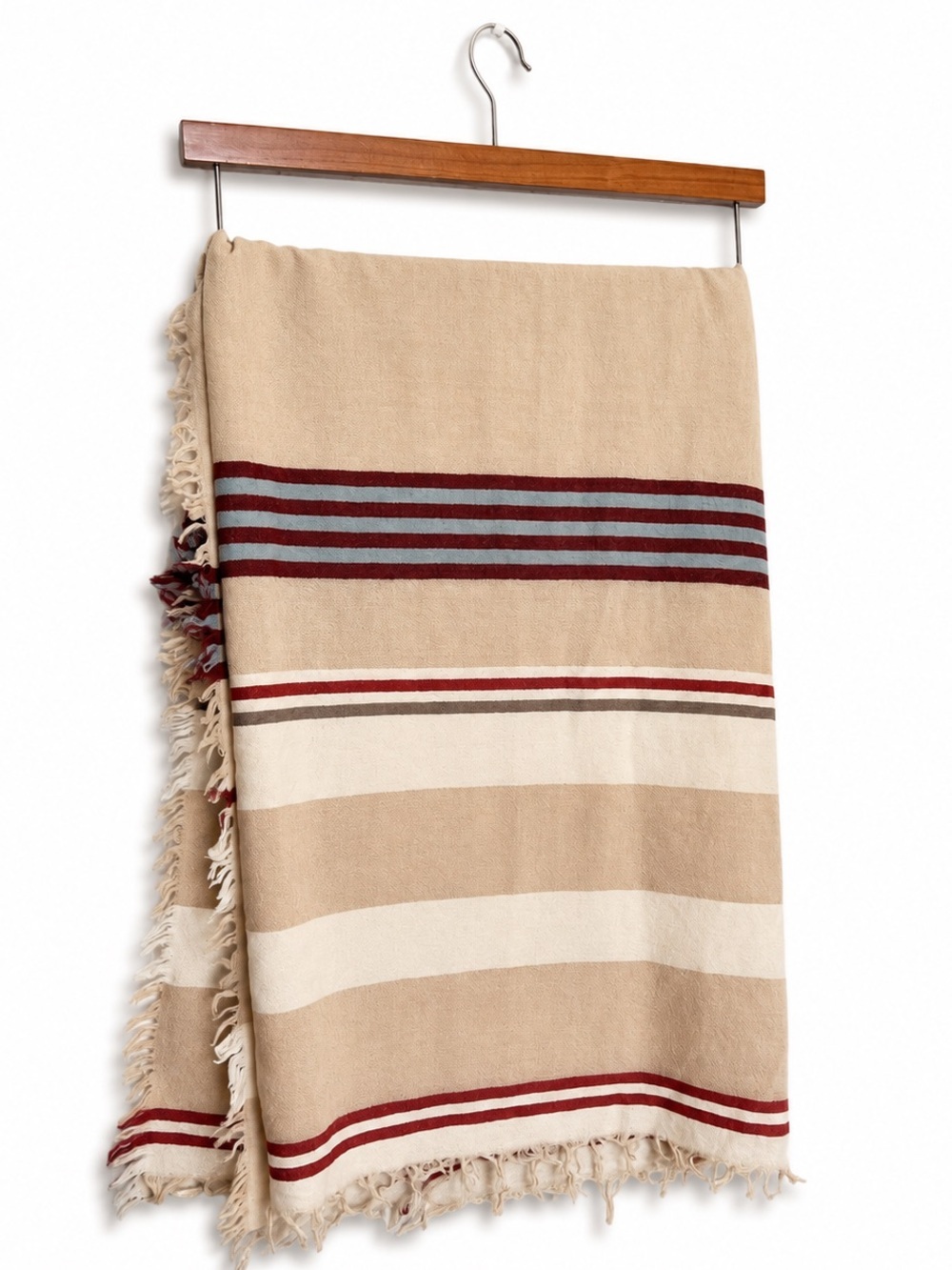 Wilfred 100% Wool Striped Fringe Blanket Scarf Shawl Beige Burgundy Oversized